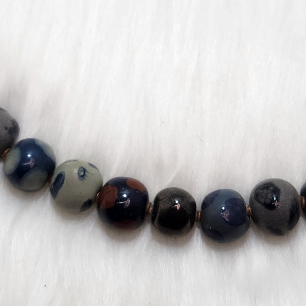 Blue & Gray Ceramic Beaded Necklace | Handmade Vintage Jewelry - Picture 4 of 6